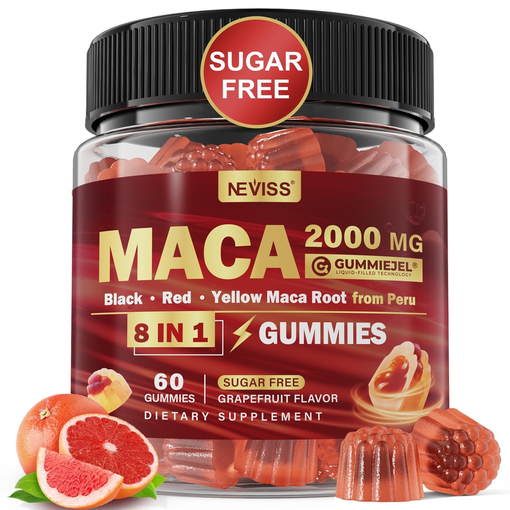 Maca Root fyldt gummies 2000mg til kvinder Mænd 124; Sugar Free against 124; Organic Black, Red, Gul Maca Root Supplement Gummy Chews med Ashwagandha Ginseng & Zink124; Vegan, Non- GMO, Grapefrugt Flavor, 60 Count