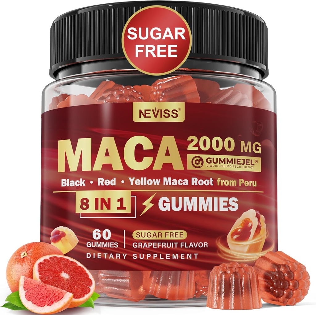 Maca Root fyldt gummies 2000mg til kvinder Mænd 124; Sugar Free against 124; Organic Black, Red, Gul Maca Root Supplement Gummy Chews med Ashwagandha Ginseng & Zink124; Vegan, Non- GMO, Grapefrugt Flavor, 60 Count