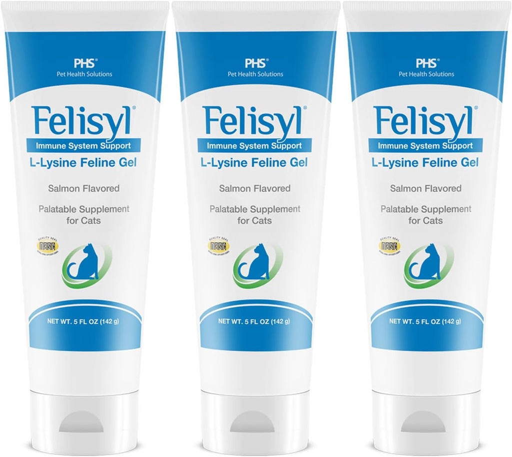 Felisyl L- Lysin Gel til katte (5oz) - understøtter immunforsvar, luftveje og øje sundhed. Smager nysen, løgnhals og vågeøjne. Smagfuld Salmon Flavor - Made in The USA (3 Pack)