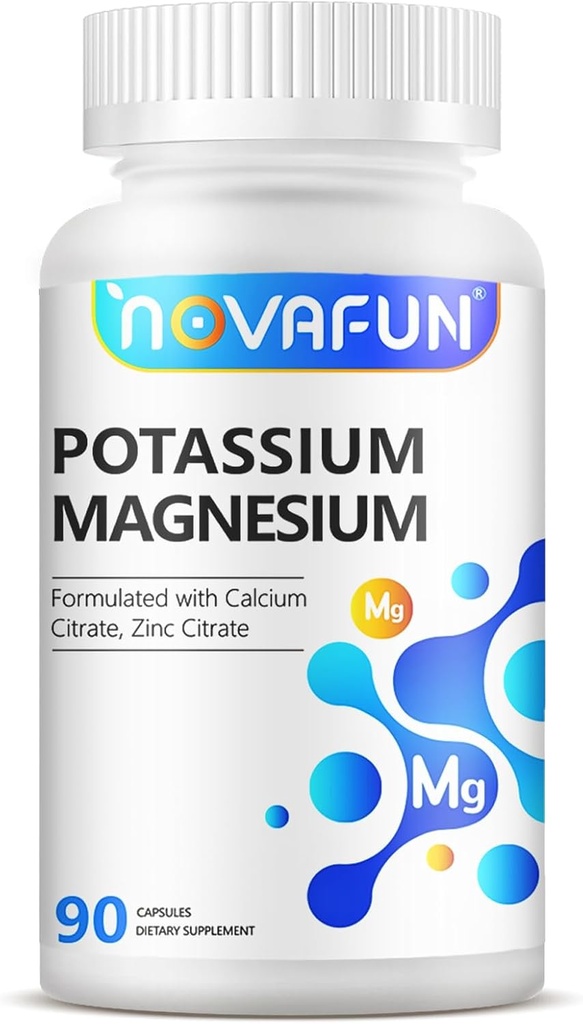 Kalium Magnesium supplement med Calcium Zink 1185mg, høj potens formel for ben kramper, ben & muskel sundhed, non-GMO, gluten fri, Vegan, 90 kapsler