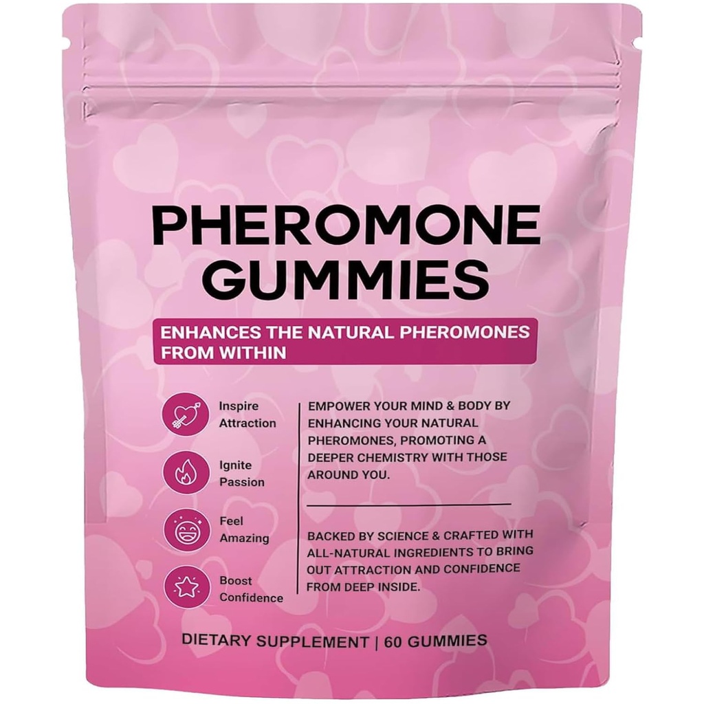 Official Pheromone Gummies with Slippery Elm, for Women,Enhance Supports Charm,Supports Balance,Confidence & Social Vibe,Vegan,Non-GMO,Gluten-Free,Strawberry Flavor,60 Gummies