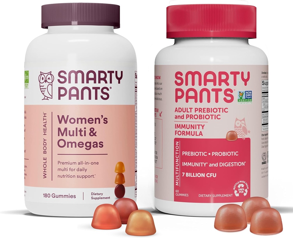 SmartyPants Women 's Multivitamin og Probiotic Immunity Bundle: Omega 3 Fish Oil (EPA / DHA), Methylfolat, CoQ10, Vitamin D3, C, fordøjelses- og immunsupporttillæg (30 dages forsyning)