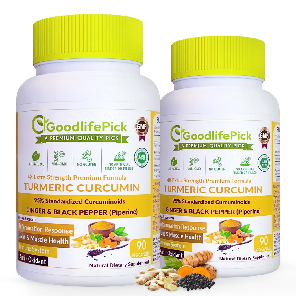 Premium Turmeric Curcumin with Ginger Capsules .Unique Formula for Extra Strength with 95% Curcuminoids & Black Pepper(Piperine). Non-GMO No Rice Powder, No Stearate, No Gluten-90 ct (Pack of 2)