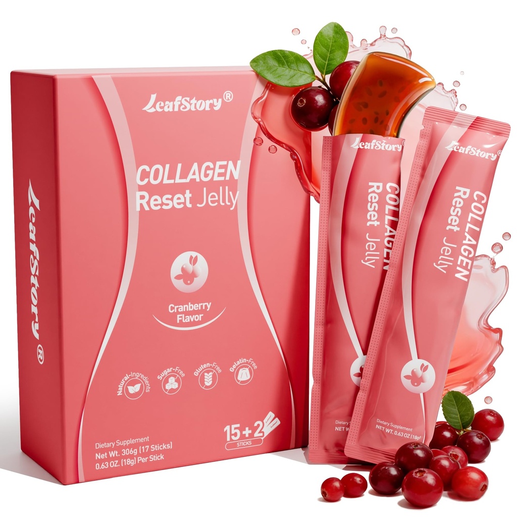 Collagen Reset Jelly Supplement-Cranberry Flavored, Support Gut,Skin & Digestive Health, with Chia Seeds & Yerba Mate- 17 Sticks