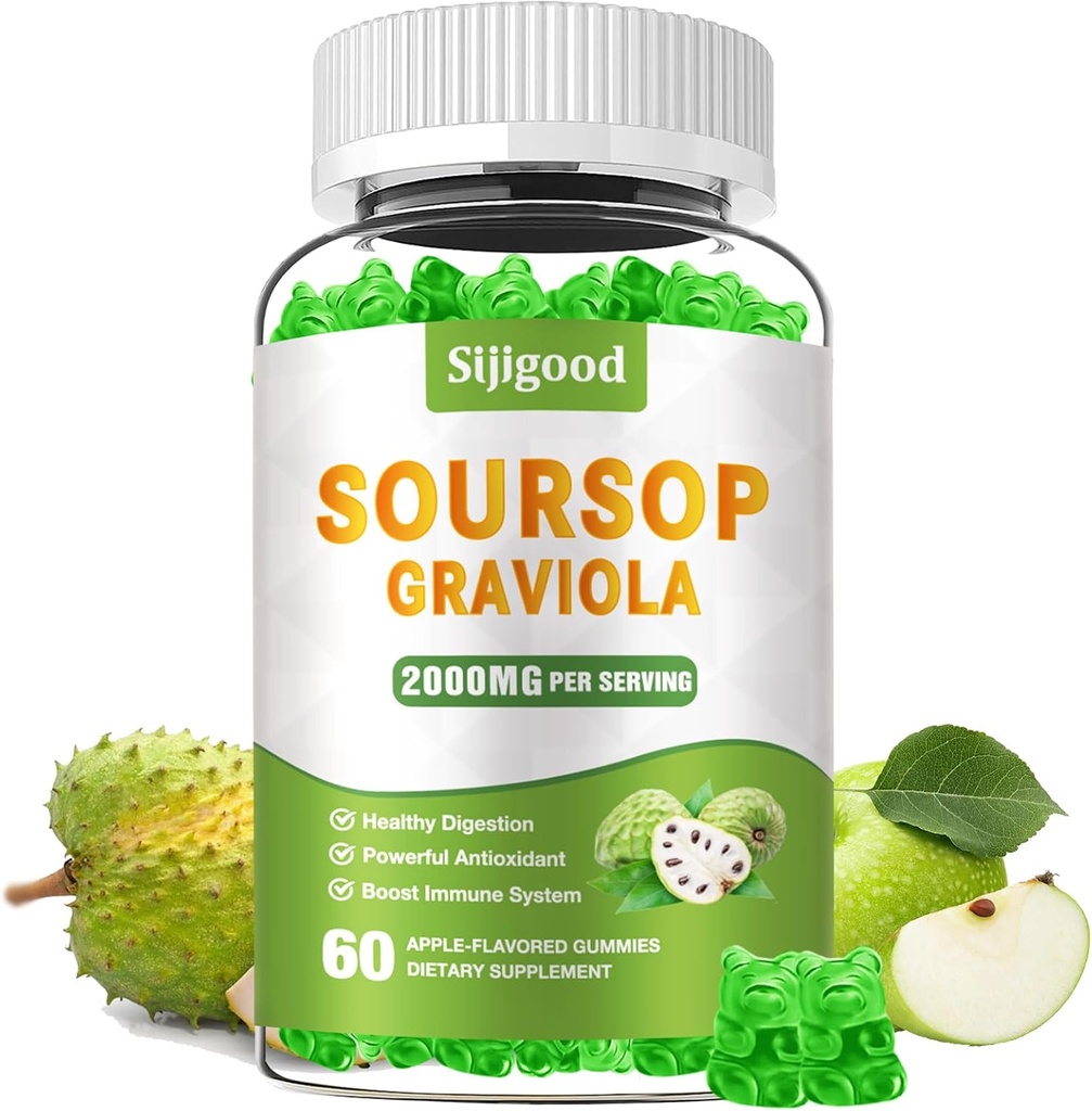 Sugar Free Soursop Graviola Gummies - Økologisk Soursop Blade & Frugtekstrakt - Fordøjelseshjælp, immunstøtte & antioxidant Egenskaber - 60 Æblefarvede Gummies