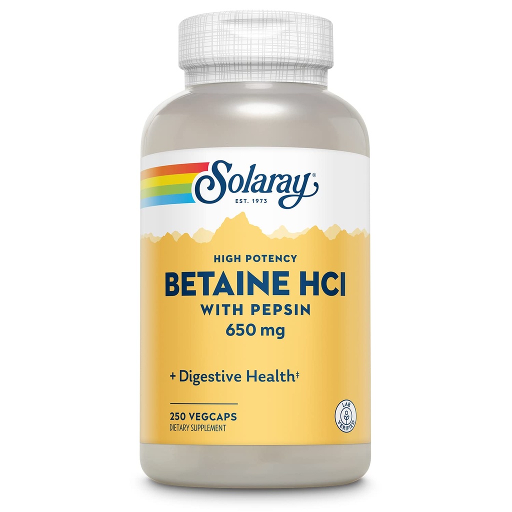 Solaray High Potency Betaine HCL med pepsin - Saltsyre supplement til fordøjelsessygdomme - med betain Hydrochlorid og fordøjelsesenzymer - Gut Health Support - 60- Day Garanti, 250 VegCaps