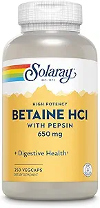 Solaray High Potency Betaine HCL med pepsin - Saltsyre supplement til fordøjelsessygdomme - med betain Hydrochlorid og fordøjelsesenzymer - Gut Health Support - 60- Day Garanti, 250 VegCaps