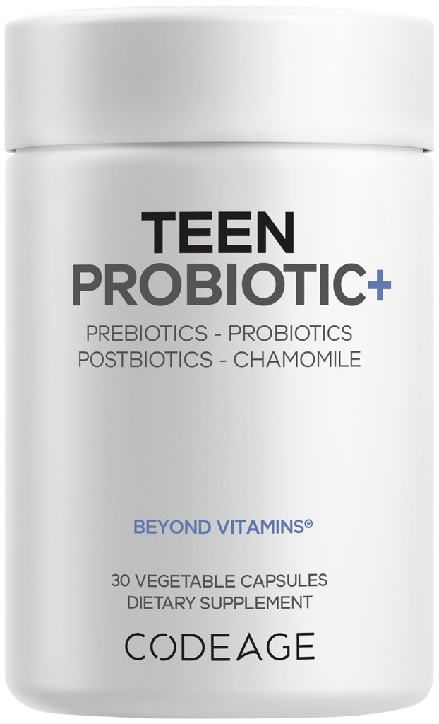 Codeage Teen Probiotic+ Supplement - 25 Billion CFU Probiotic Blend with Prebiotics, Postbiotics & Chamomile - Gut & Digestion Support for Teens and Teenagers 12 & Up - Non-GMO- 30 Capsules