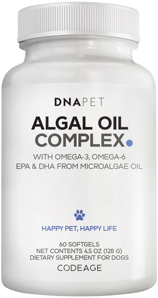 DNA PET Algal Oil Complex for Dogs – Omega 3 & 6 Fatty Acids with EPA & DHA from Microalgae – Fish-Free Omega Oil Supplement for Dogs – All Breeds – 60 Softgels