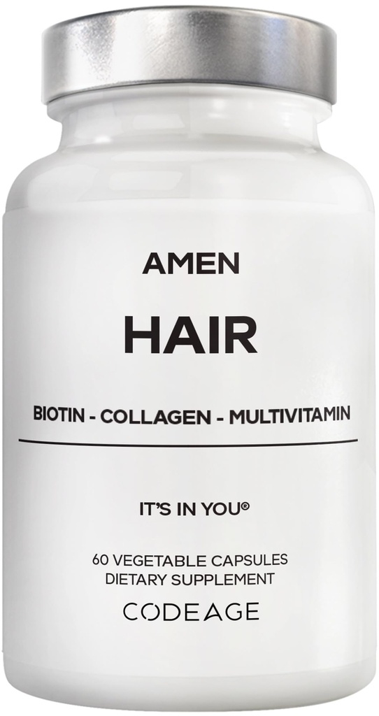 Amen Hair Vitamins - 10,000 mcg Biotin, Collagen Powder - Vitamin C, D3 & E, Pantothenic Acid, MSM, Zinc, Hyaluronic Acid, Inositol & Horsetail Extract - Non-GMO Hair Pill Supplements - 60 Capsules