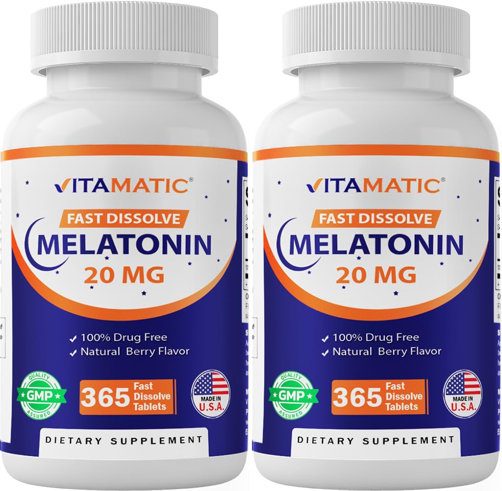 Vitamatic Melatonin 20 mg Tablets | Vegetarian, Non-GMO, Gluten Free | 1 Year Supply | Natural Berry Flavor - 365 Tablets - 2 Pack