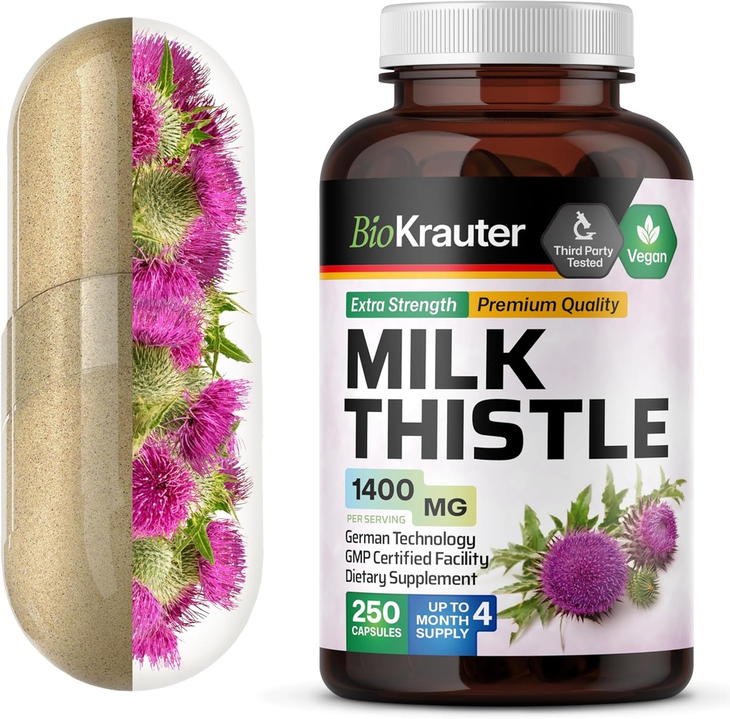 BIO KRAUTER Milk Thistle Capsules 1400 mg - 250 Count - Lever Detox & Rense Supplement - Vegan Silymarin Capsules - Milk Thistle Powder - Ikke GMO
