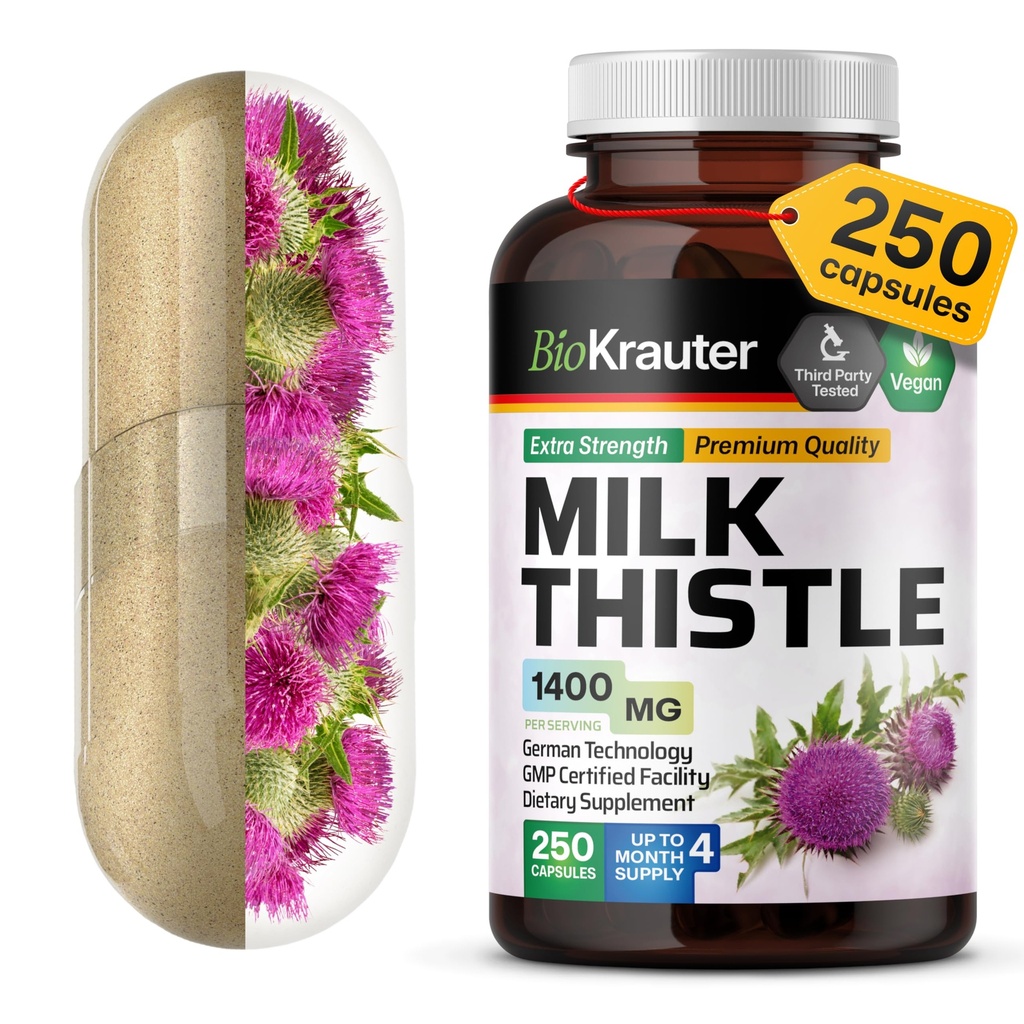 BIO KRAUTER Milk Thistle Capsules 1400 mg - 250 Count - Lever Detox & Rense Supplement - Vegan Silymarin Capsules - Milk Thistle Powder - Ikke GMO
