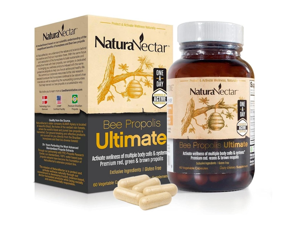 NaturaNectar - Ultimate Bee Propolis Capsules - NSF Indhold Certificeret -Brasiliansk Rød, Brown, & Green - Gluten- Free Supplement med Flavonoider - naturligt syret gennem etisk biavl (60pcs.)