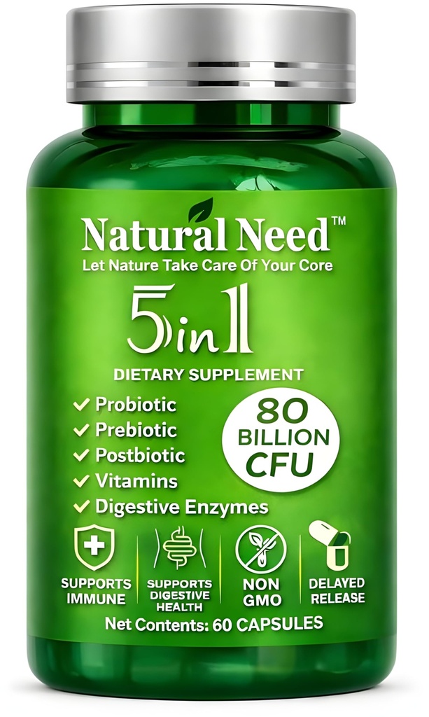 NATURAL NEED™ Gut Health – 5-in-1 Formula with Probiotics, Prebiotics, Postbiotics, Enzymes & Vitamins (C,D3,B12,Zinc) – Delayed Release Capsule – Supports Overall Digestion, Immunity & Gut – 60 Vegan