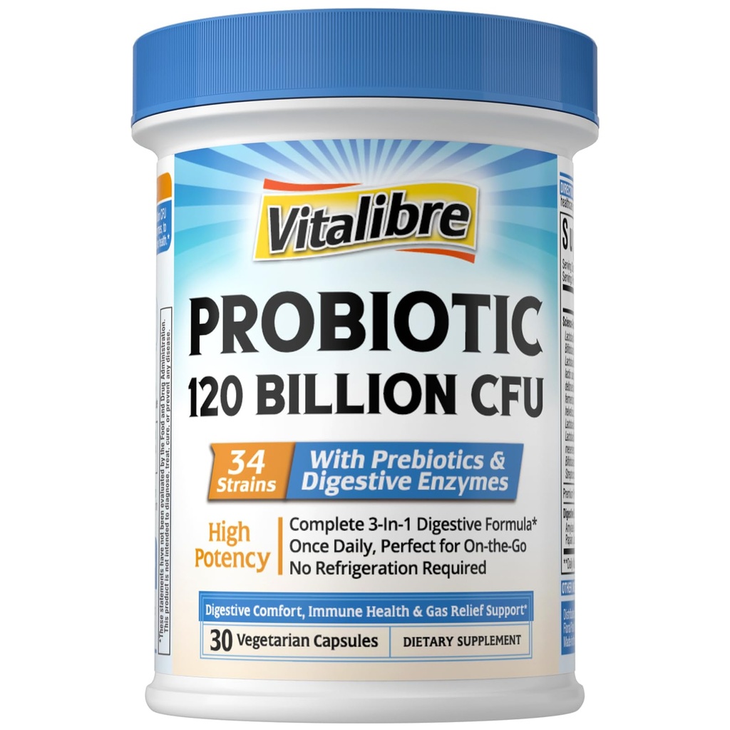 Vitalibre Probiotics for Women and Men, 120 Billion CFU 34 Strains, with Digestive Enzymes & Prebiotics, No Gluten, Gut Health, Digestive Health, Bloat Relief, 30 Vegetarian Capsules