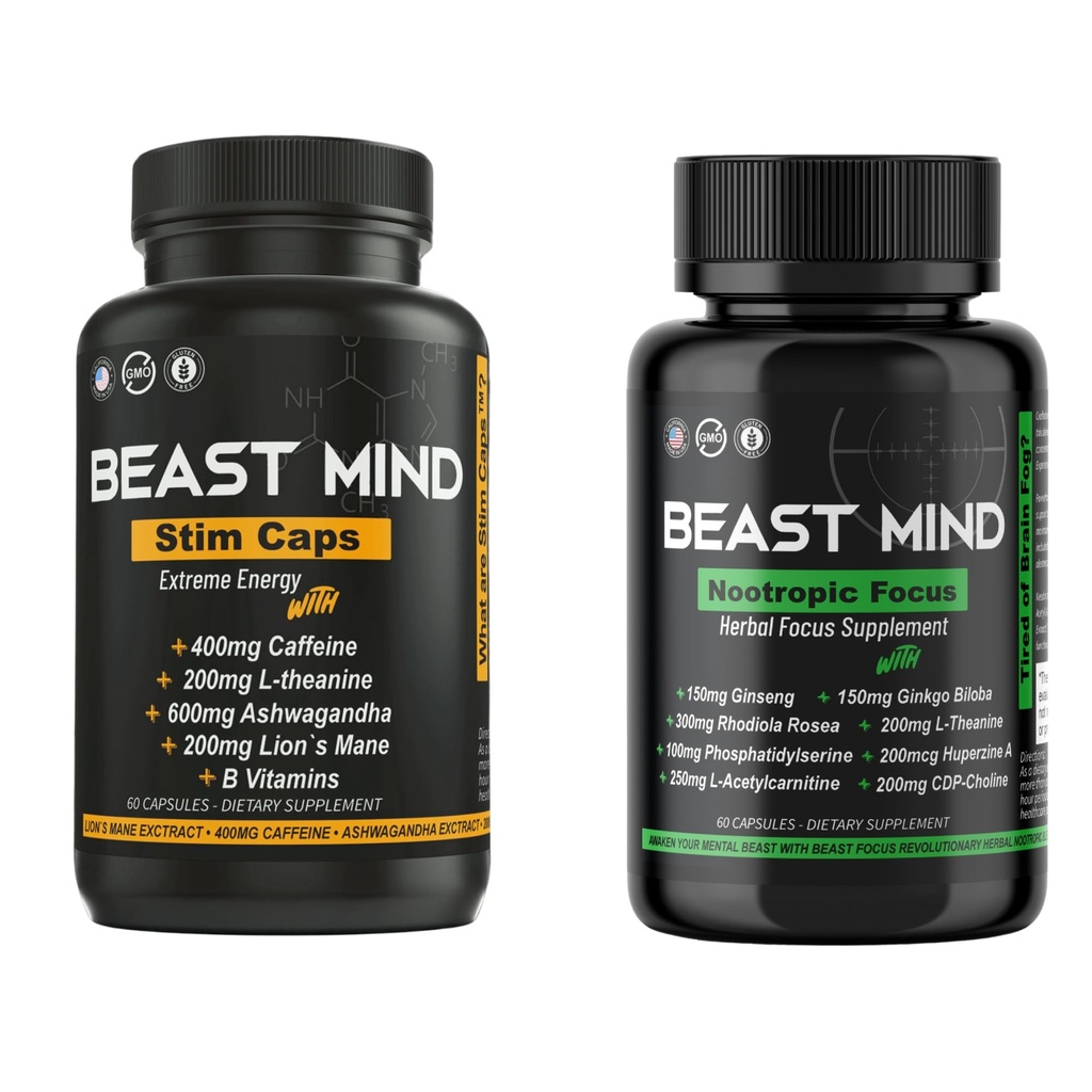 Beast Mind: Energy & Focus Power Pack - Caffeine, Ashwagandha + Nootropic Blend for Peak Performance