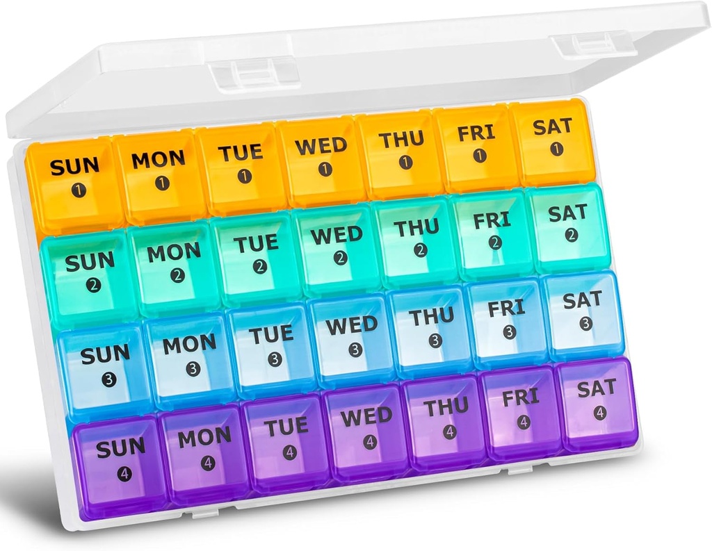 XL Stor Månedlig Pill Organizer 4 Uger, 28 Dag Pill Organizer Weekly, Big Segment med Rejsetilfælde, 7 Dag Pill Dispenser 4 gange om dagen, Medicin Organizer Box for Vitamin, Fish Oil