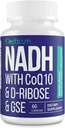 NADH 50mg + CoQ10 200mg + D- Ribose 150mg Supplement, øger NAD + Kosttilskud til immunsystemet, cellulær energi, fokus, reduceret nicotinamid Adenine Dinucleotid, 60 Veggie kapsler