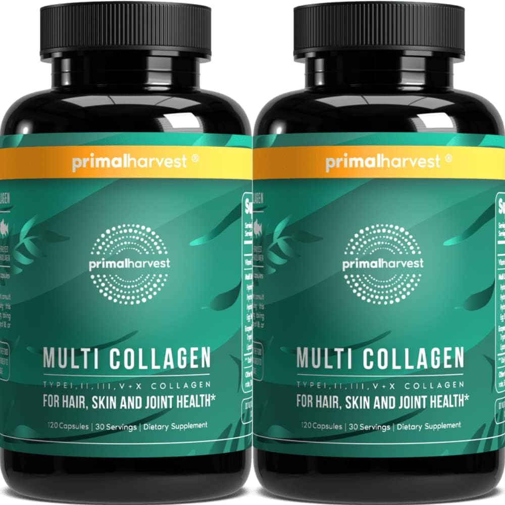 Primær høst 2 Pack, Multi Collagen piller til kvinder og mænd (type I, II, III, V, X) Kollagen Kosttilskud til kvinder og mænd, 120 Kapsler w / C-vitamin til hår, hud, negle collagen peptider piller