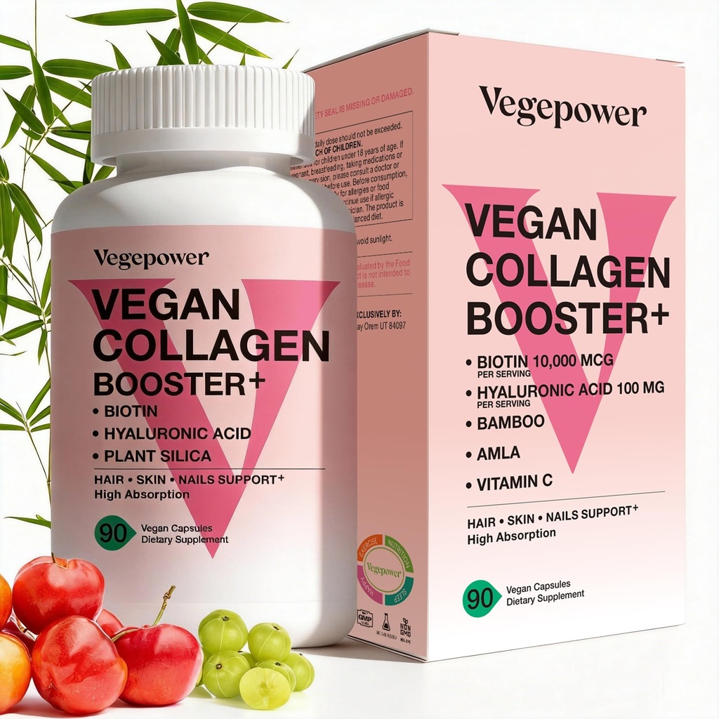 Vegan Collagen Booster with Biotin 10,000 mcg, Hyaluronic Acid, Bamboo Silica, Vitamin C & Zinc, Plant Based Hair Skin & Nails Support for Women & Men, 90 Vegan Capsules