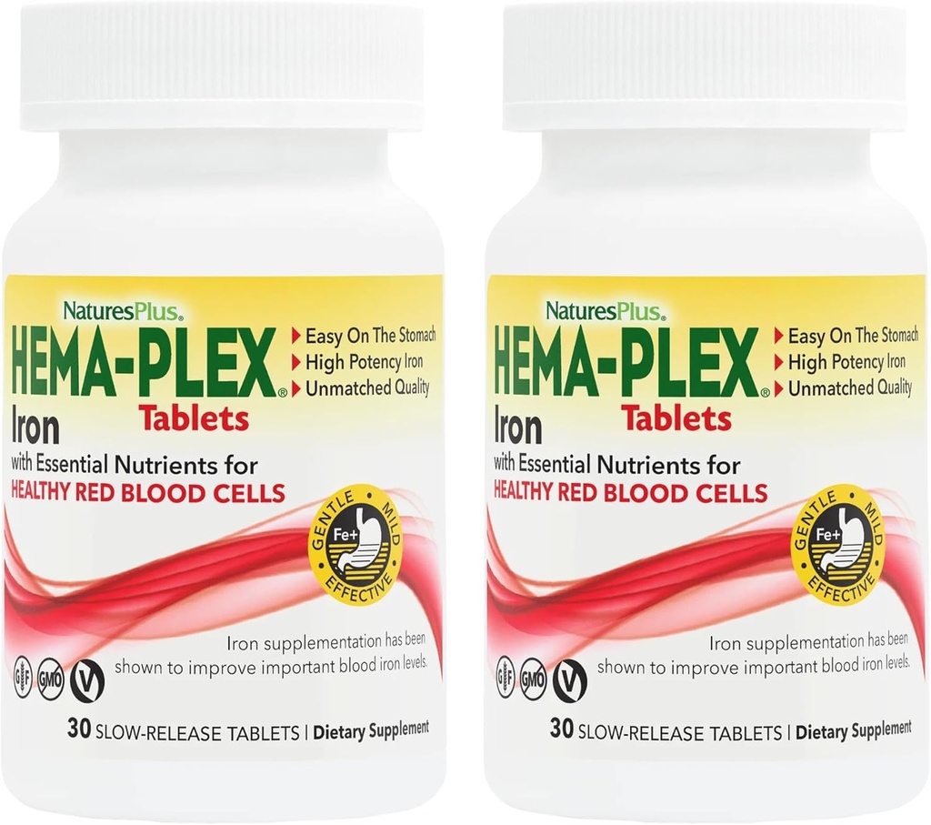 NaturesPlus Hema- Plex Iron - 30 Slow-Release Tablets, Pack of 2 - Total Blood Health - 85 mg Chelated Iron - med vitamin C & Bioflavonoider - Ikke GMO, Vegetar & Gluten Free - 60 Total Servering