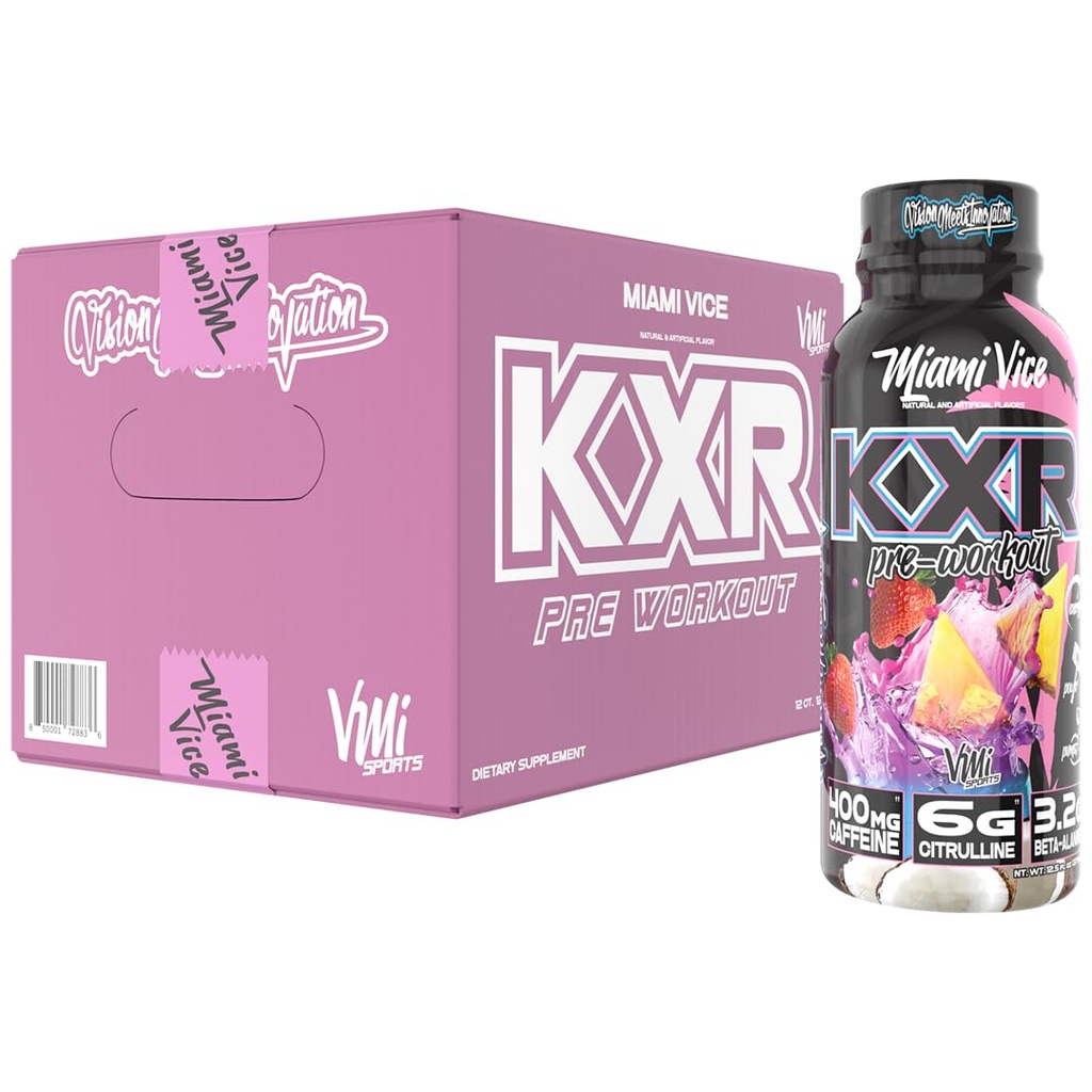 VMI Sports KXR High Stimulant Pre-Workout Energy Ready to Drink 400mg Caffeine, 6g Citrulline, 3.2g Beta-Alanine | Delicious – Convenient – Powerful | 12.5 oz Bottles (Miami Vice, 12 Bottles)