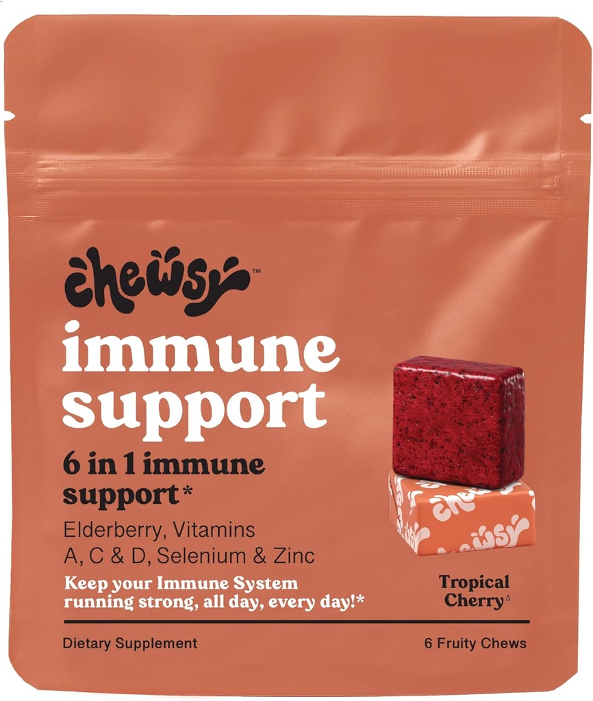 Chewsy - 6-in-1 immunsupporttygger med hyldebær - C-vitamin, A-vitamin og D, zink og selenium - individuelt indpakket - 6-dages forsyning
