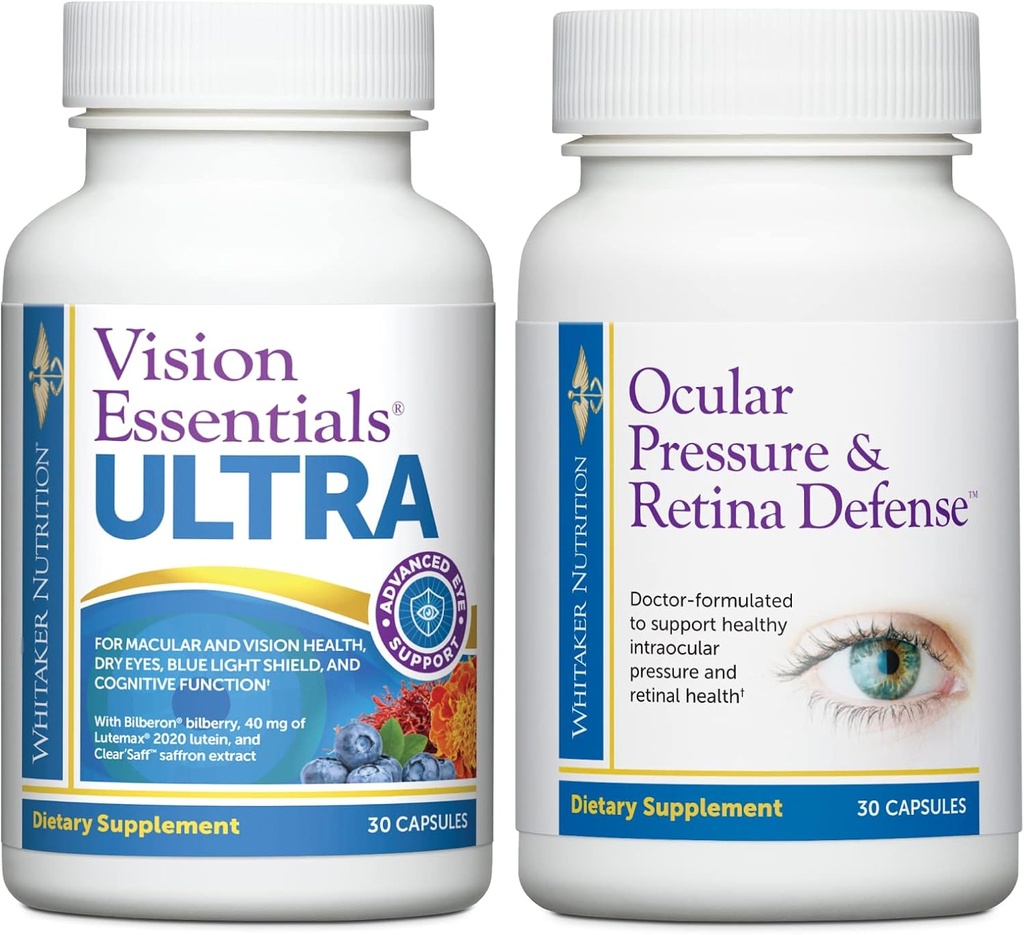Premium Eye Health Bundle omfatter Vision Essentials ULTRA for Macular & Retinal Health, Eye Strain, Okulært tryk, tørre øjne, og Okulært tryk & Retina forsvar for yderligere sund intraokulær