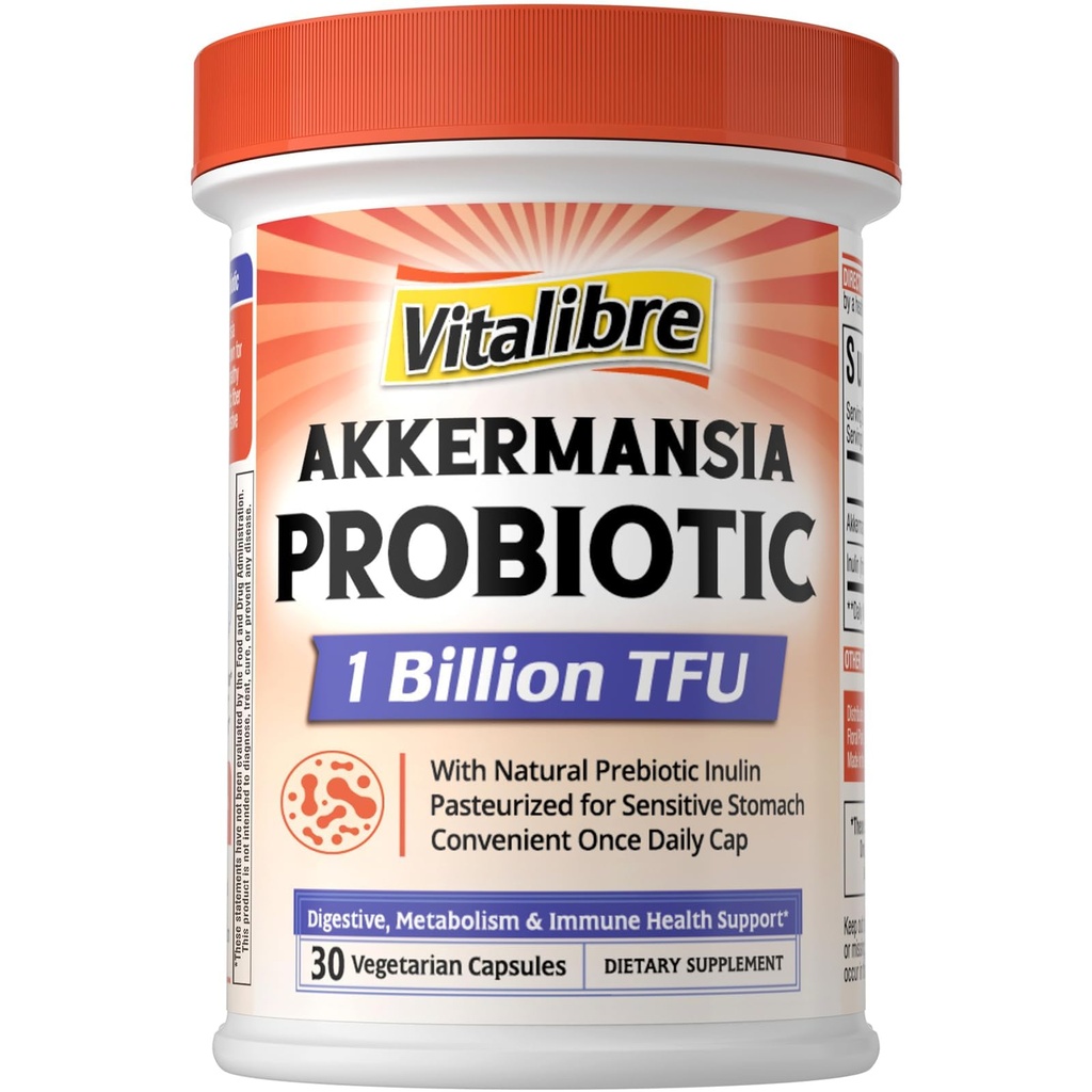 Vitalibre Akkermansia Muciniphila Probiotic 1 Billion TFU, w/Natural Prebiotic Inulin, Naturally Increases GLP-1, Healthy Digestion & Metabolism, Probiotic Supplement for Women & Men, 30 Capsules