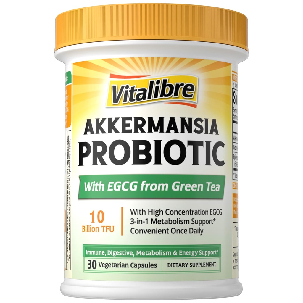 Vitalibre Akkermansia Probiotic 10 Billion TFU, with Concentrated EGCG from Green Tea Extract, GLP-1 Supplement for Gut Health, Metabolism Support & Sustain Energy Levels, 30 Vegan Capsules, No Gluten