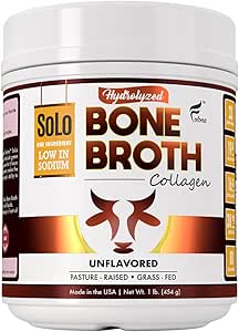 Solo Bone Broth Protein Collagen Powder Low Sodium, 16g Hydrolyzed Collagen Type I & III, for sund hud, negle, hår, Joints & fordøjelse, Græs Fed, 1 LB (Canister - Net Wt. 1 LB. Pulver)