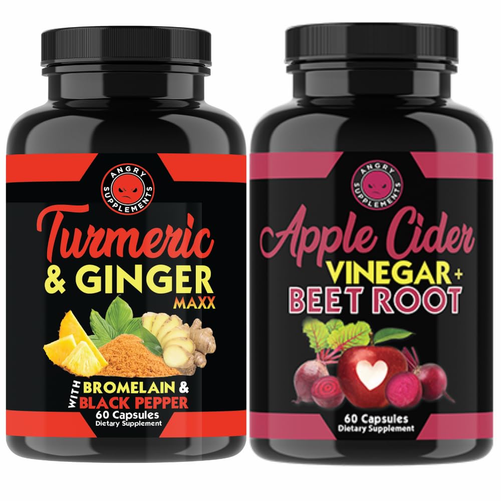 Angry Supplements Turmeric Ginger Maxx + Apple Cider Vinegar with Beet Root 2-Pack Wellness Bundle – Supports Energy, Digestion, and Daily Vitality – Natural Herbal Capsules for Men & Women