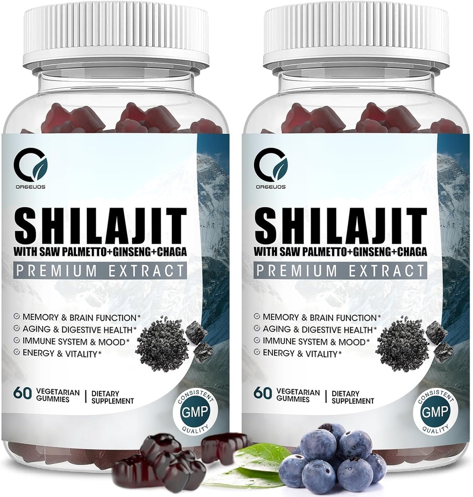 Himalayan Shilajit Gummies med 85 + Trace Minerals & Fulvic Acid for Energy, immun, Kognitiv Support High Potency Pure Natural Shilajit Supplement for mænd og kvinder 60 Gummies (2 pakker)