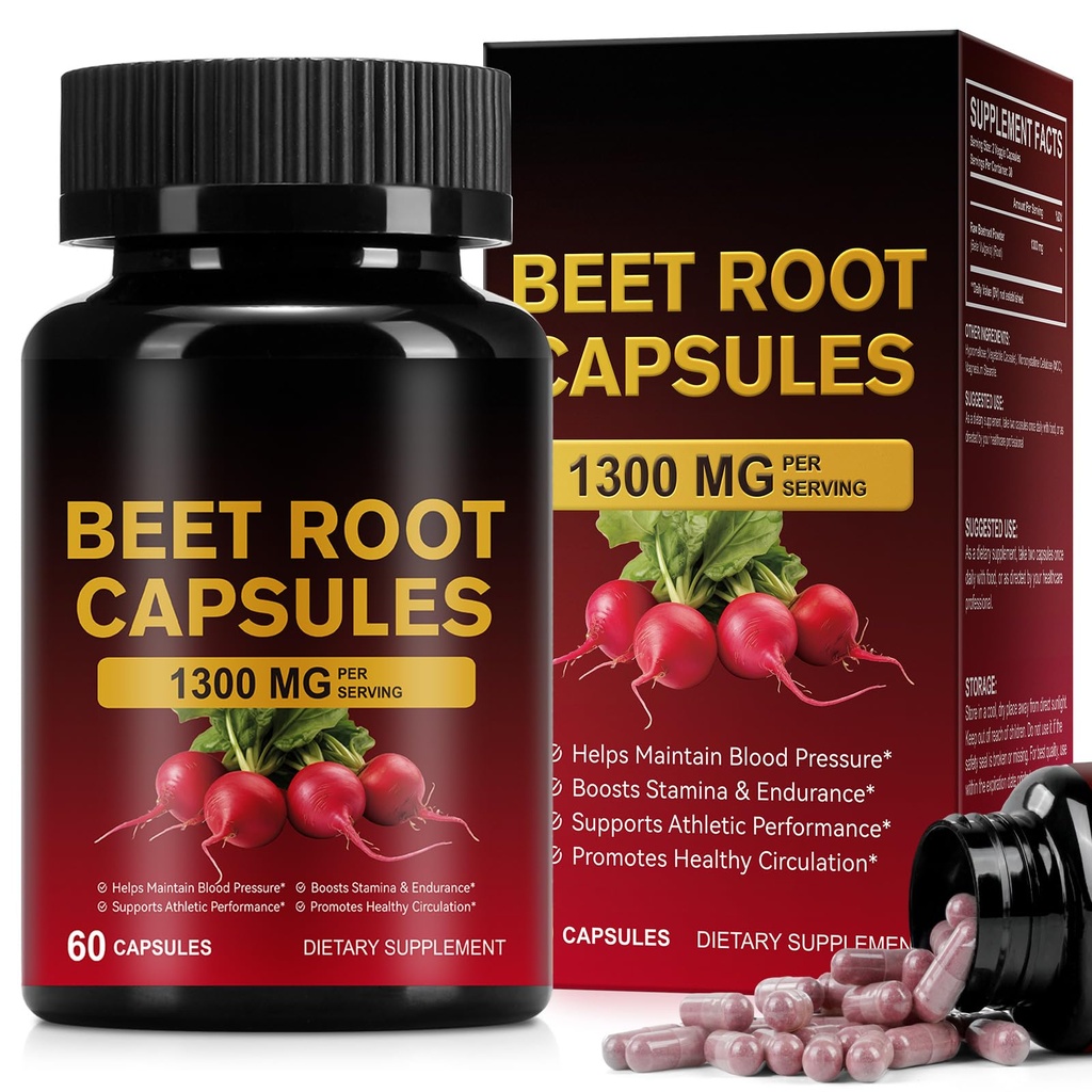 Beet Root Capsules, Beet Root Powder for Exercise Endurance, Energy Supplement, Non-GMO Beetroot Capsules (60 Pcs, 30-Day Supply)