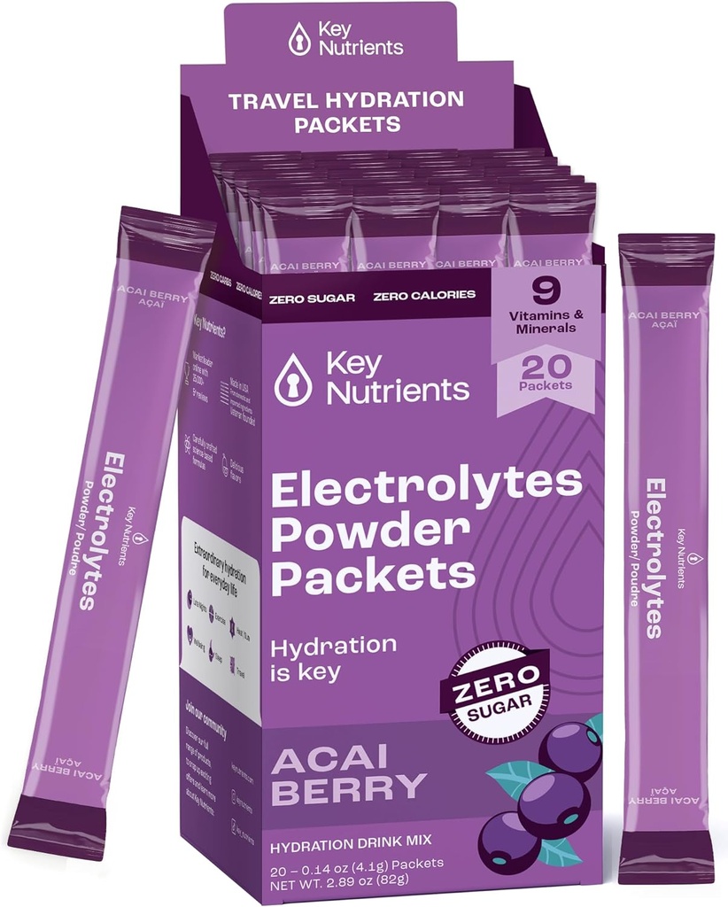 KEY NUTRIENSER Multivitamin Electrolytes Powder Packets - Lækker Acai Berry 20 Pack Hydration Packets - Rejse Hydration Powder - Ingen sukker, Ingen kalorier, Gluten Free - Made in USA