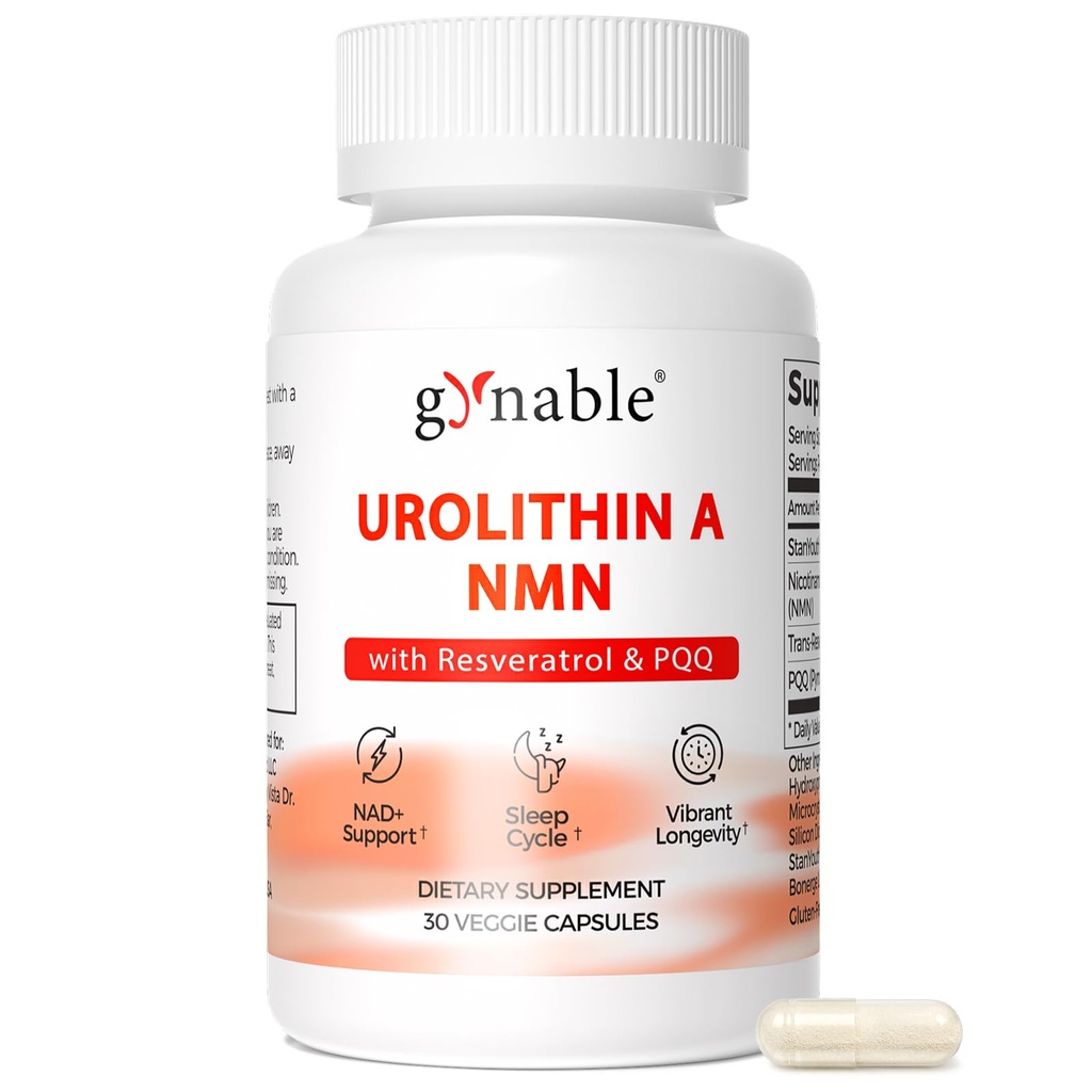 Gynable 4-in-1 Urolithin A Supplement with NMN, Trans-Resveratrol & PQQ-Advanced Cellular Energy & Muscle Strength Complex - Supports Longevity, Deep Sleep & Healthy Aging (30Count(Pack of 1))
