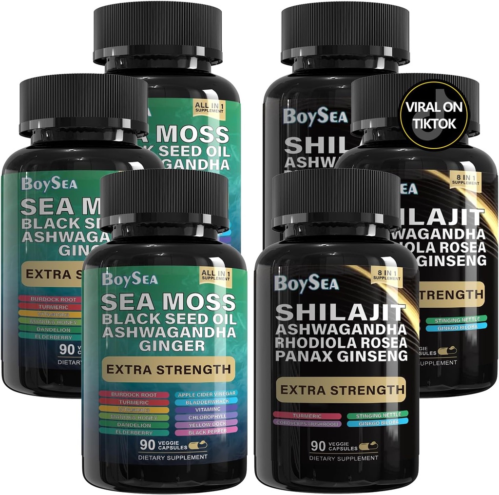 Boysea. Shilajit og Sea Moss Bundle- 90 Greve - Sea Moss, Black Seed Oil, Ashwagandha, Ginger & Shilajit, Rhodiola Rosea, Alle i 1 tillæg (3 Pc)