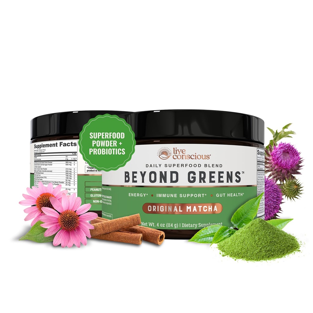 Live Conscious Beyond Green Superfood Powder - Lækker Debloating Super Green Powder - Matcha Green Blend w / Chlorella, Echinacea, Probiotika til immunforsvar & energi