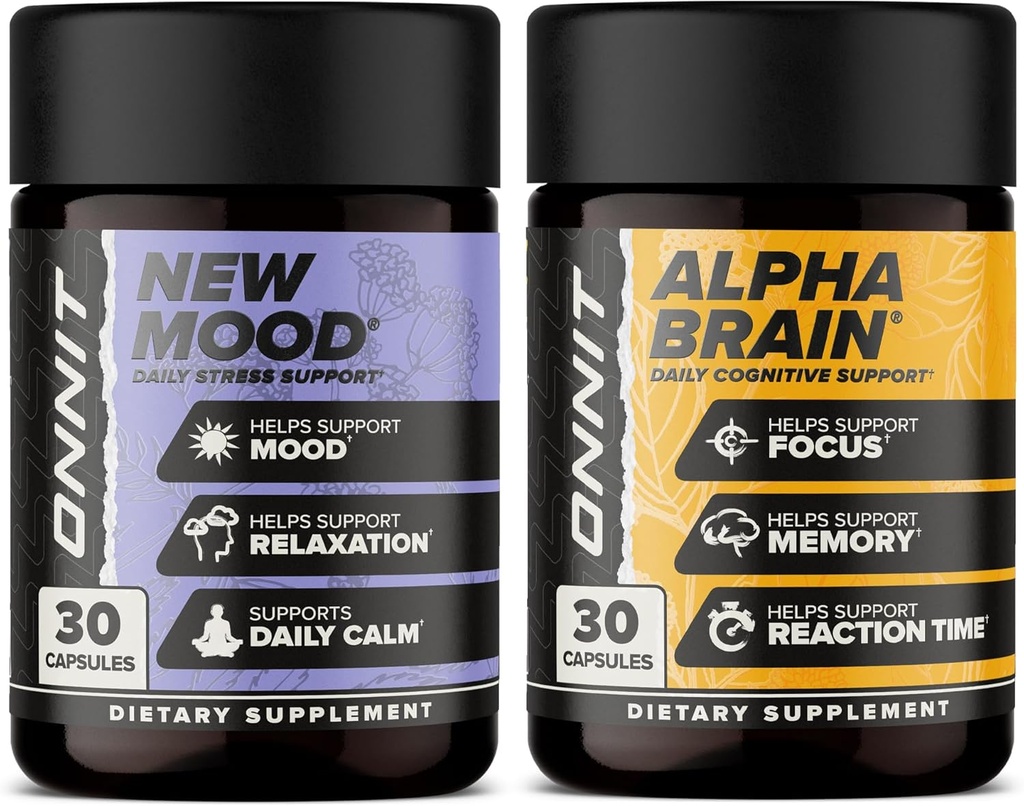 ONNIT Premium Alpha Brain Bundle - Nootrop Brain Supplement (30 Tæl) for fokus, koncentration og hukommelse + New Mood Supplement for stress Relief, søvn og mad (30 Tæl)
