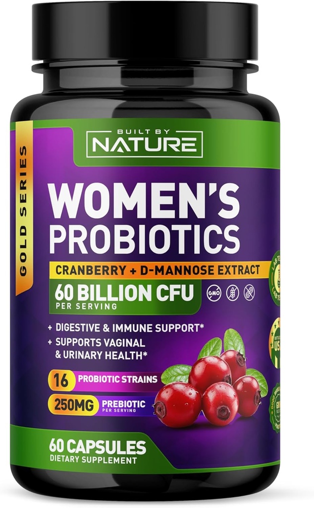 Probiotika til kvinder - 60 Millioner CFU 'er, 16 Strops, med Cranberry, D-Mannose & Prebiotics - Understøtter fordøjelse, immunforsvar, & vaginal sundhed - Non- GMO, Dairy & Gluten- Free - 60 Veggie kapsler