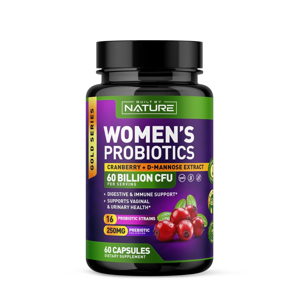Probiotika til kvinder - 60 Millioner CFU 'er, 16 Strops, med Cranberry, D-Mannose & Prebiotics - Understøtter fordøjelse, immunforsvar, & vaginal sundhed - Non- GMO, Dairy & Gluten- Free - 60 Veggie kapsler