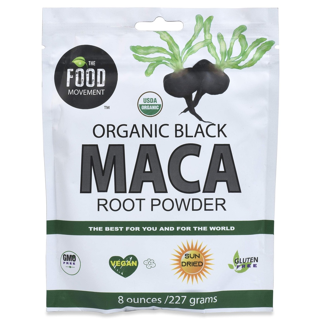 The Food Movement Co. Black Maca 8 oz Raw Food Powder - Organic, non-GMO, Vegan, Gluten Free- Black Maca Root Supplement for hele kroppen Wellness