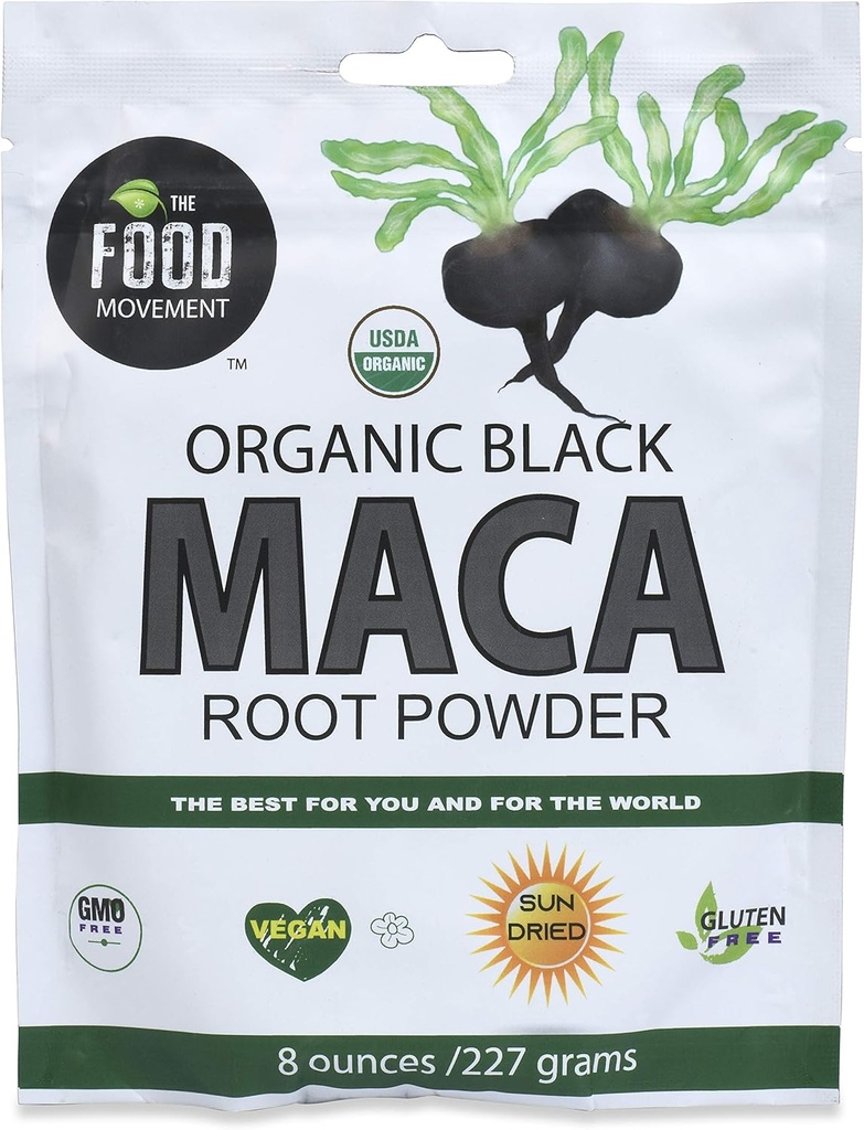 The Food Movement Co. Black Maca 8 oz Raw Food Powder - Organic, non-GMO, Vegan, Gluten Free- Black Maca Root Supplement for hele kroppen Wellness