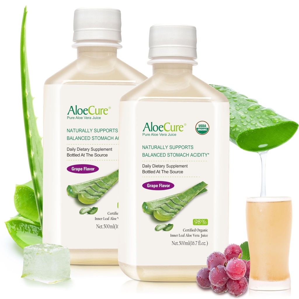 AloeCure USDA Organic Aloe Vera Juice Grape Flavor, Lavet inden for 12 Timer af Høst - Pure Aloe Vera fordøjelse & immunsundhed supplement, Hjælper med at opretholde Balanceret Mavesyre, 16.7oz x 2 Btls
