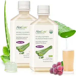 AloeCure USDA Organic Aloe Vera Juice Grape Flavor, Lavet inden for 12 Timer af Høst - Pure Aloe Vera fordøjelse & immunsundhed supplement, Hjælper med at opretholde Balanceret Mavesyre, 16.7oz x 2 Btls