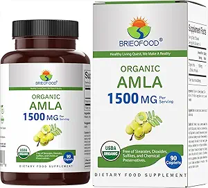 Brieofood Organic Amla 1500mg, 45 Servings, Vegetarian, Gluten Free, 90 Vegetarian Tablets