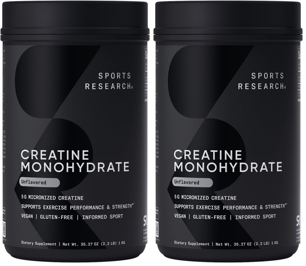 Sports Research Creatine Monohydrate - Gain Lean Muscle, Improve Performance and Strength and Support Workout Recovery - 5 g Micronized Creatine - 35.27 oz (Pack of 2)