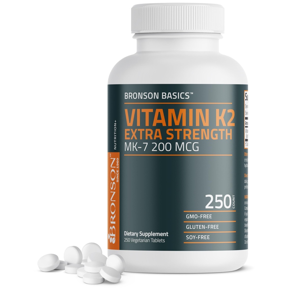 Bronson Vitamin K2 MK- 7 200mcg Ekstra Styrke, 250 Vegetariske tabletter