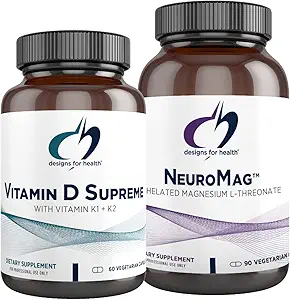 Designs for Health Vitamin D Supreme 5000 IE + vitamin K (60 kapsler) + NeuroMag Chelated Magnesium L- Threonat for Kognitiv Support (90 kapsler) - 2 Produkt bundle